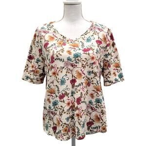 Chico's T-Shirt Top Women's 2, Large Floral Short Sleeve V-Neck Modal Boho Soft